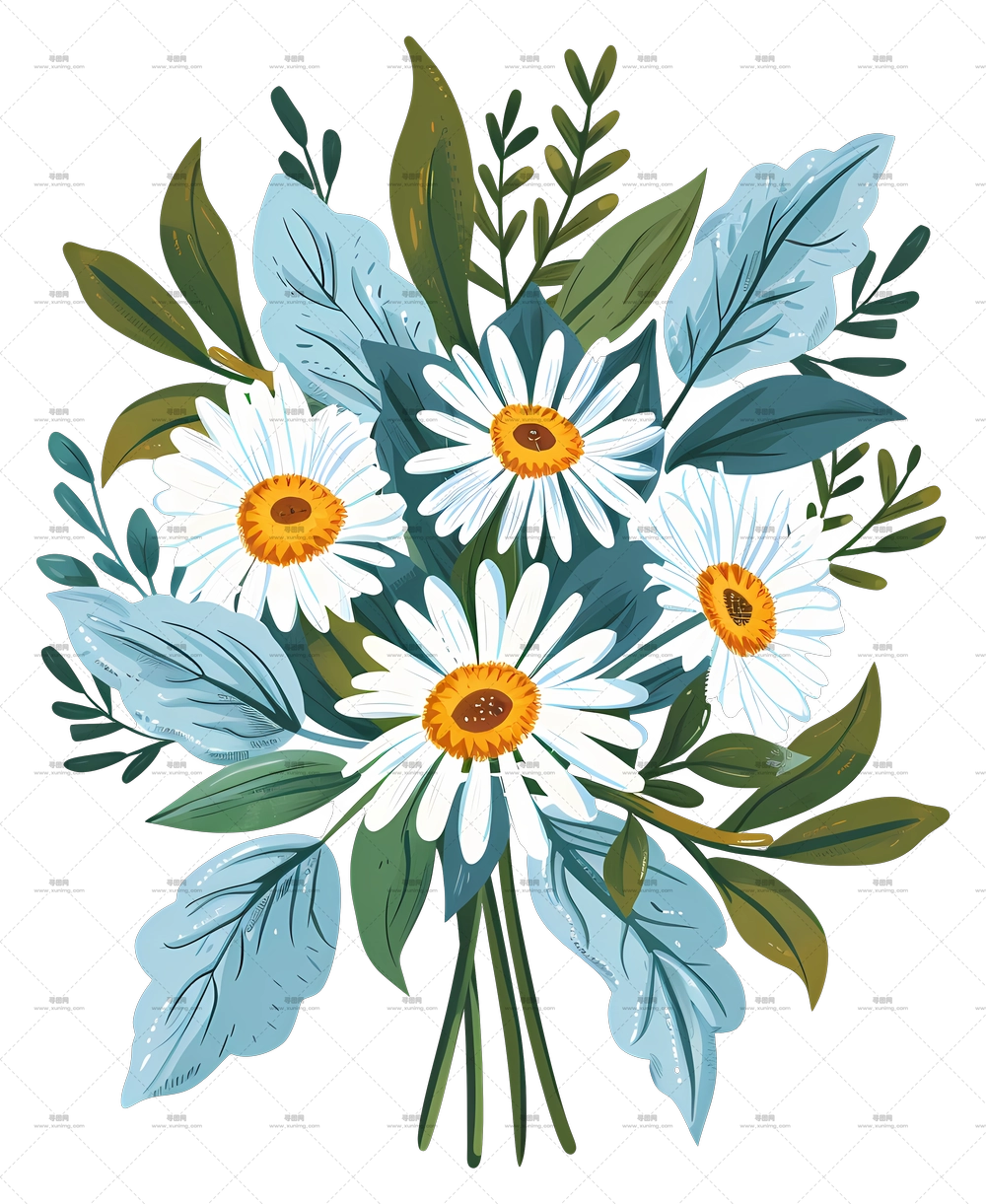 雏菊 – 带叶雏菊花束PNG免抠图预览图 雏菊 – 带叶雏菊花束PNG免抠图预览图