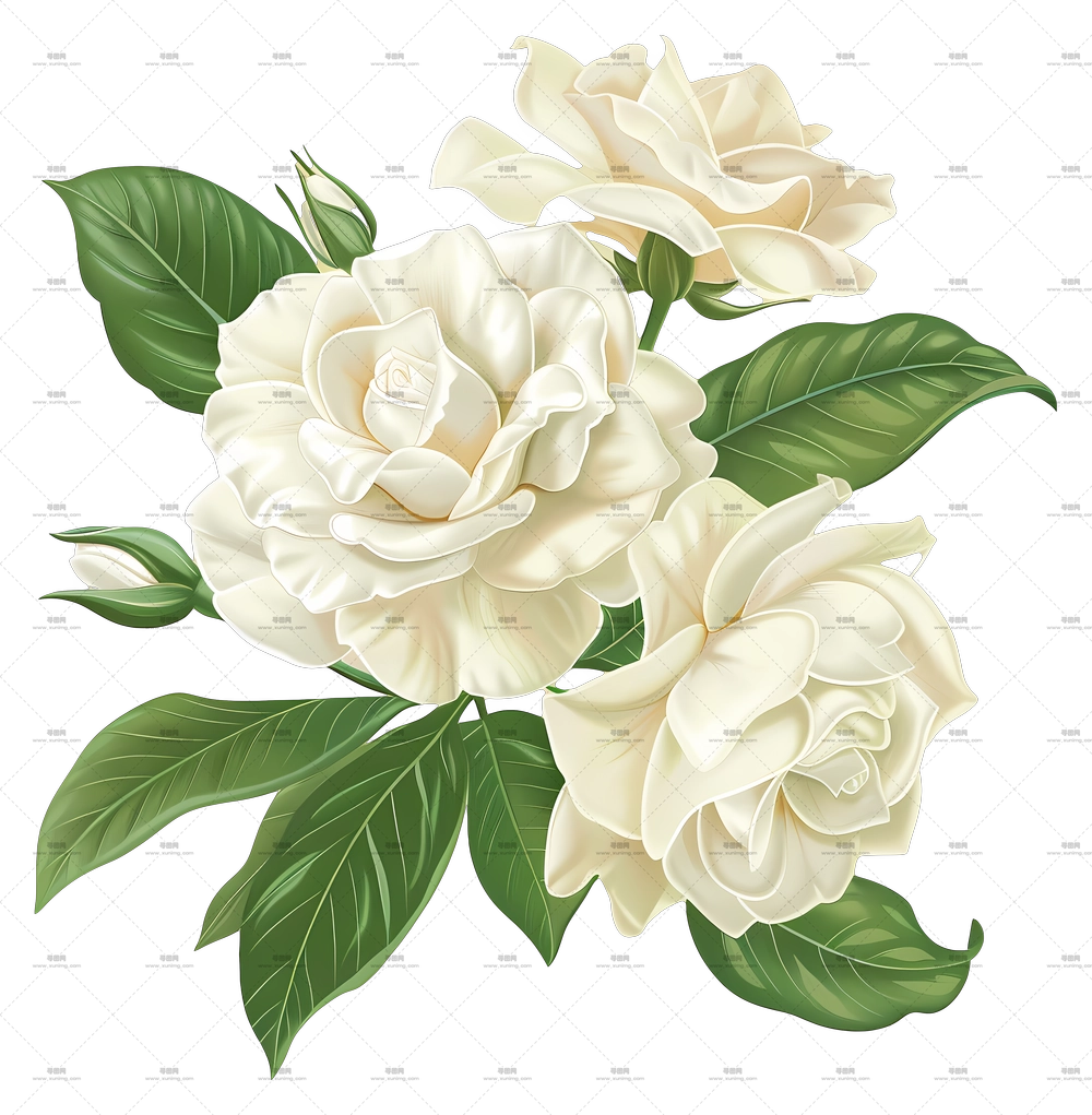 白花园花 – 精致插画中的白玫瑰花束PNG免抠图预览图