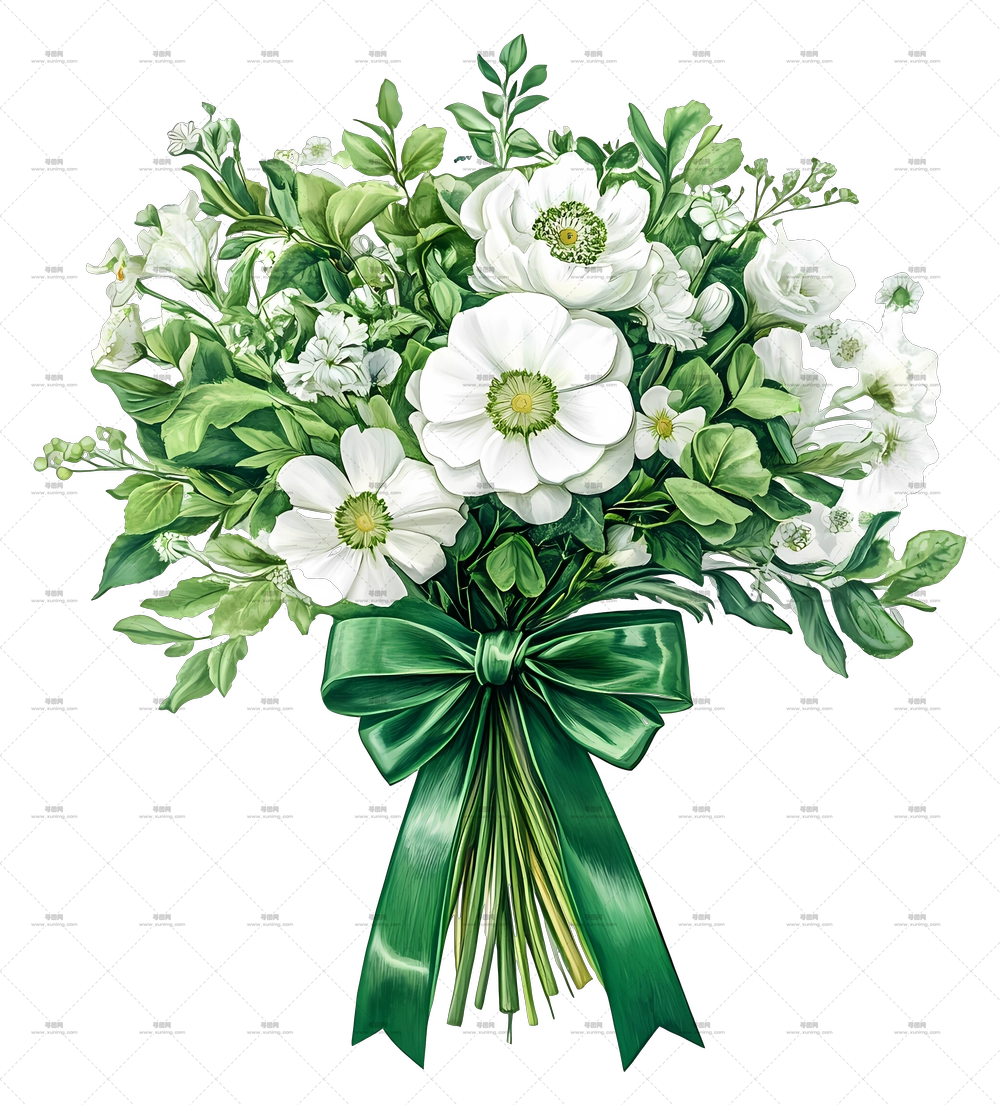 生日鲜花 – 美丽白色花束配绿色丝带PNG免抠图预览图