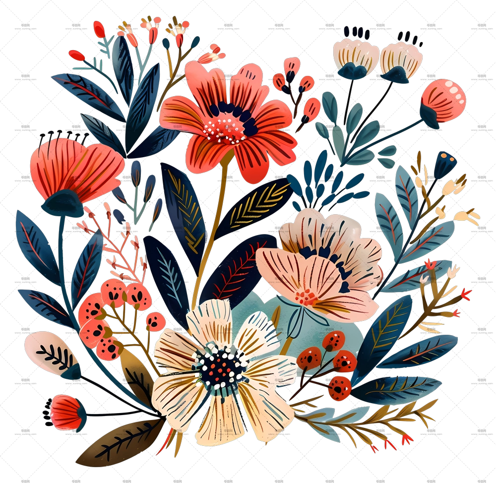 林地花朵 – 多彩花束插画PNG免抠图预览图