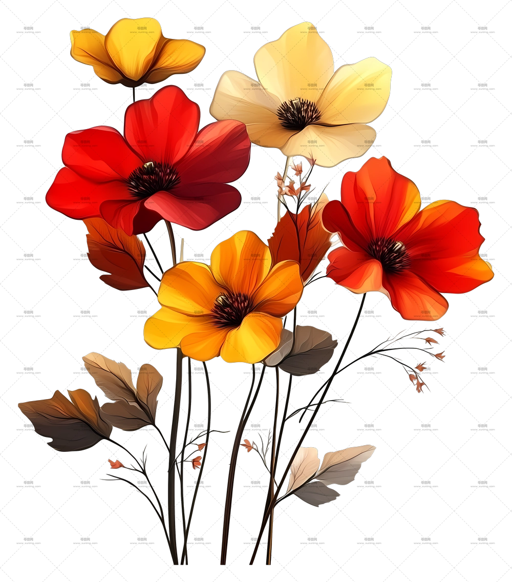 秋日花朵 – 鲜艳红黄色花艺布置PNG免抠图预览图