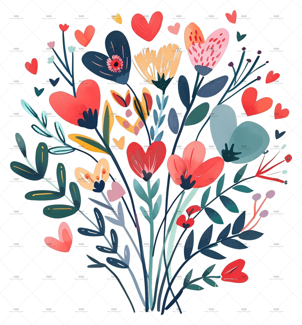 带有心形的多彩花束插画PNG免抠图预览图