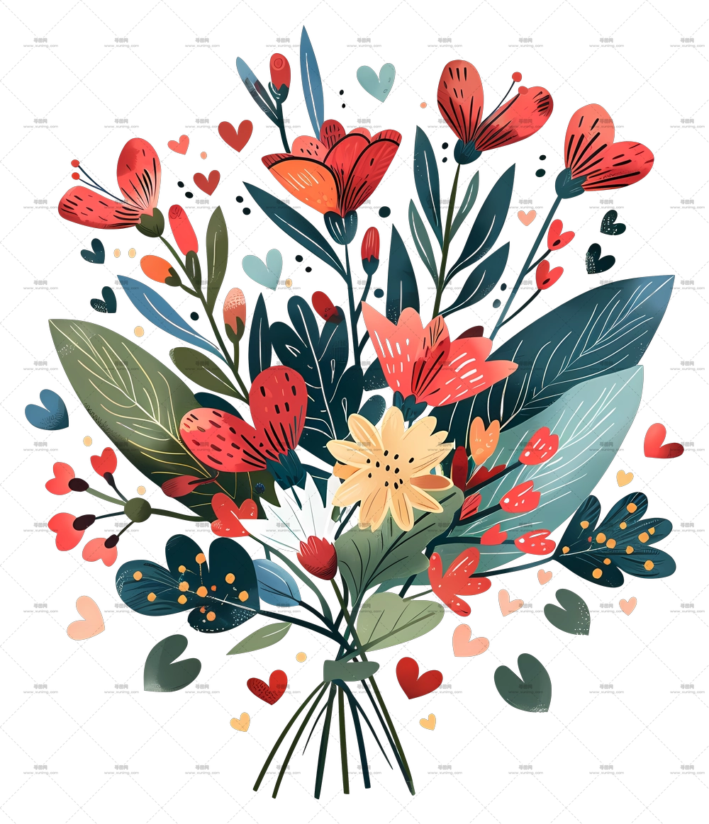 带有心形插画的彩色花束PNG免抠图预览图