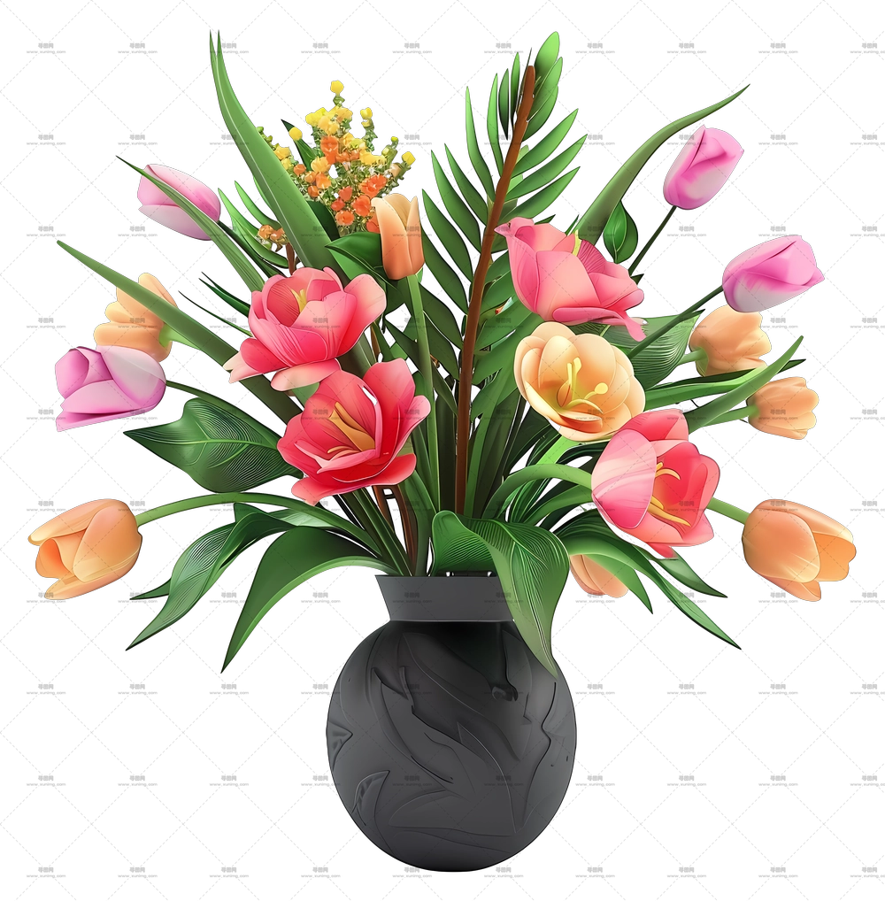 花瓶中的花 – 黑色花瓶中的彩色花束PNG免抠图预览图