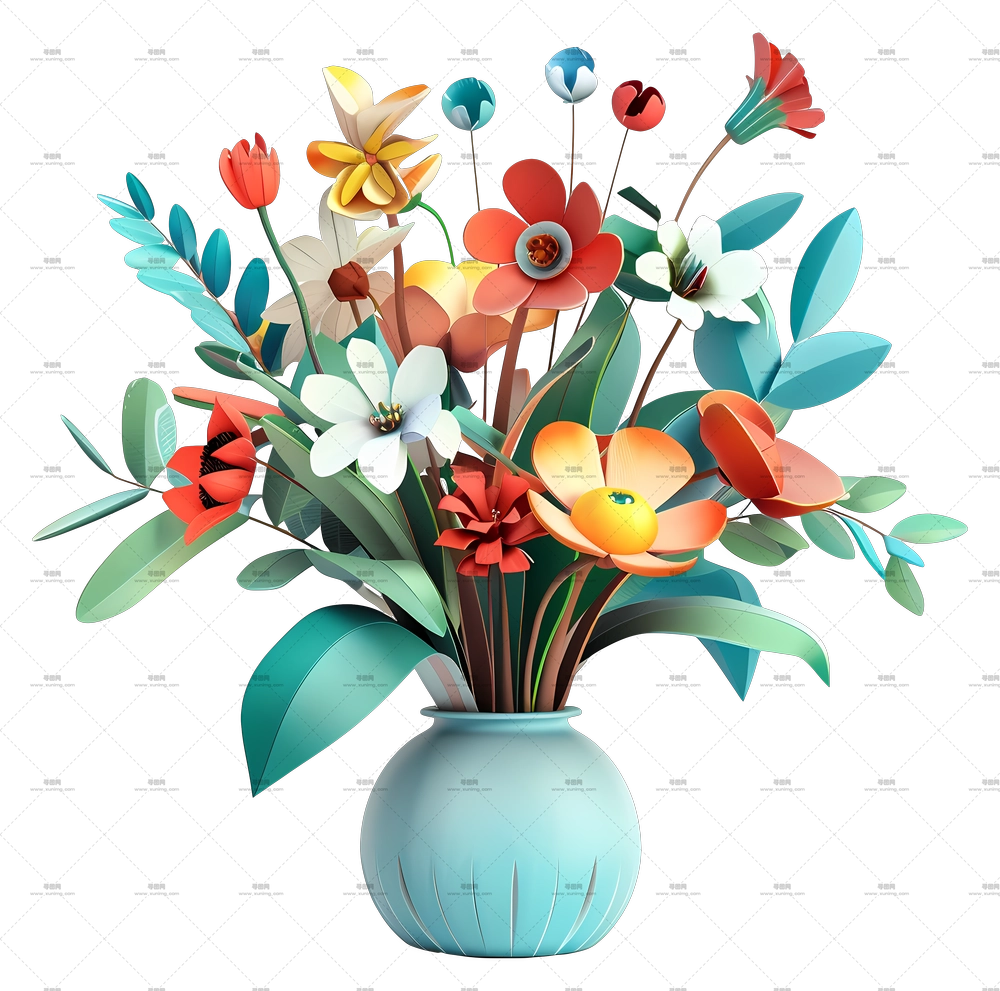 花瓶中的花 – 色彩鲜艳的装饰花束PNG免抠图预览图