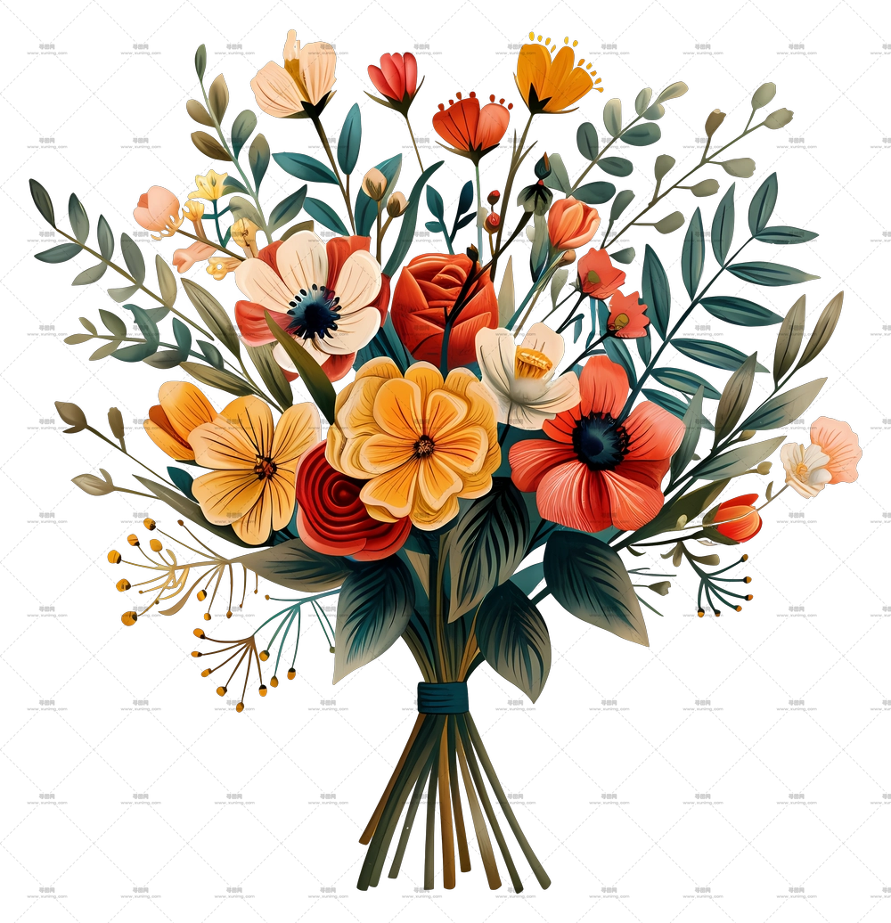 一束鲜花 – 生机勃勃的花束插画PNG免抠图预览图