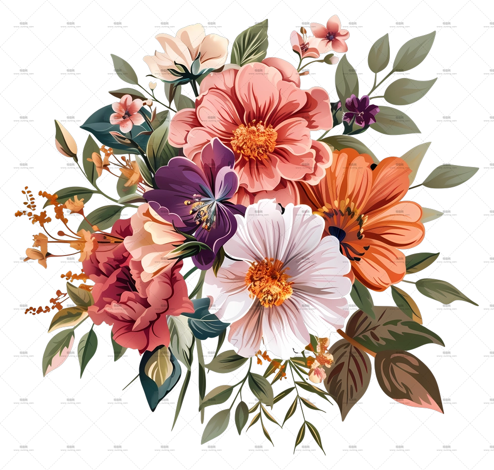 一束鲜花 – 带有生机勃勃花朵的花束设计PNG免抠图预览图