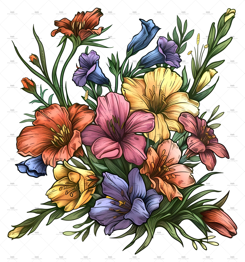 一束鲜花 – 多彩花束插画PNG免抠图预览图