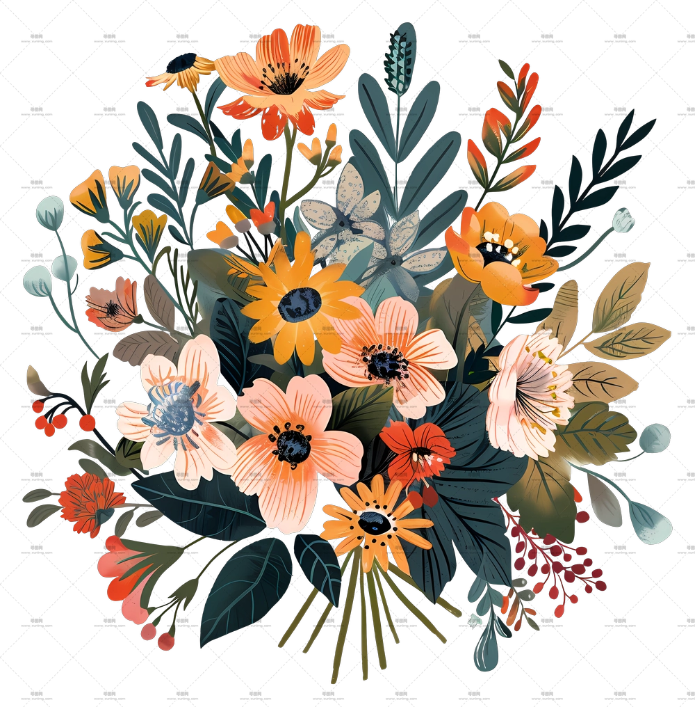 一束鲜花 – 带有生机勃勃野花的插画风花束PNG免抠图预览图