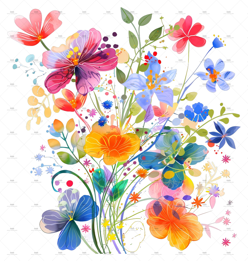 春日背景 – 活泼色彩的水彩花卉花束PNG免抠图预览图