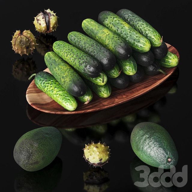 一盘牛油果、栗子和新鲜黄瓜3D模型预览图 一盘牛油果、栗子和新鲜黄瓜3D模型预览图