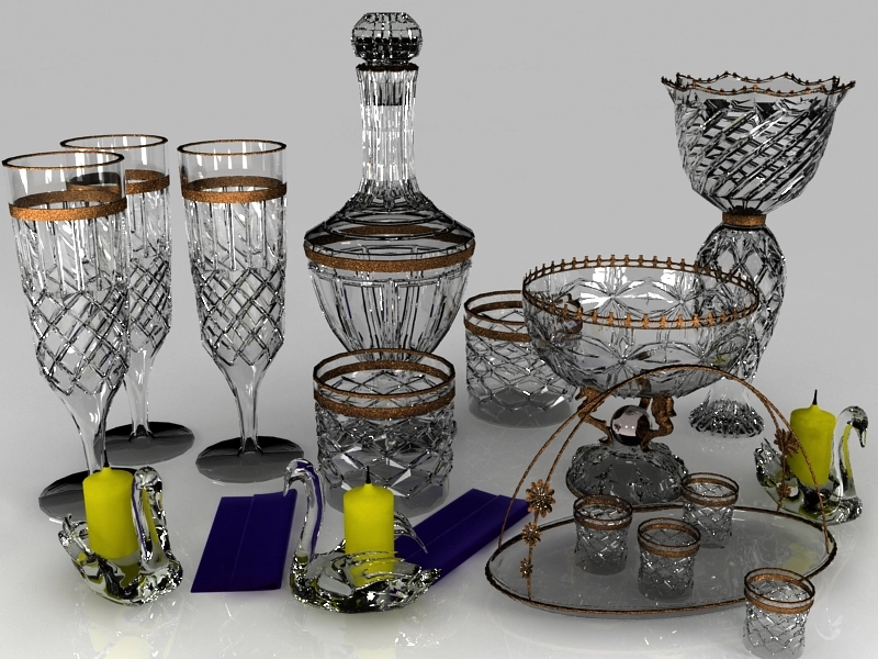 水晶玻璃餐具与装饰品3D模型预览图 水晶玻璃餐具与装饰品3D模型预览图