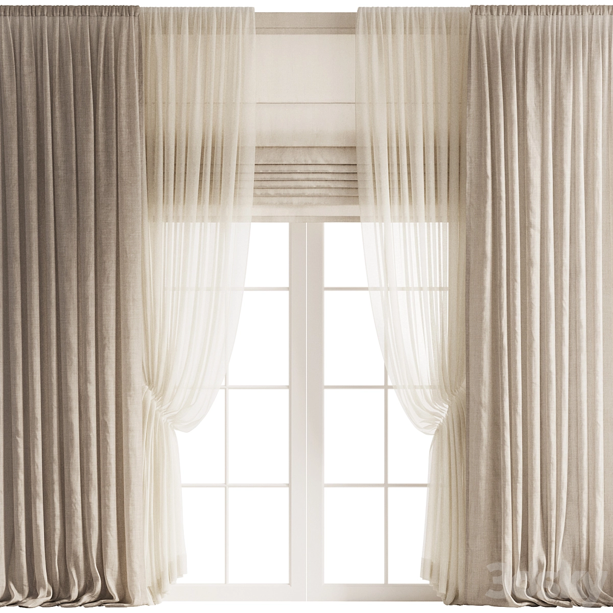 带有褶裥网纱和罗马帘的丝绒窗帘3D模型预览图2 带有褶裥网纱和罗马帘的丝绒窗帘3D模型预览图2