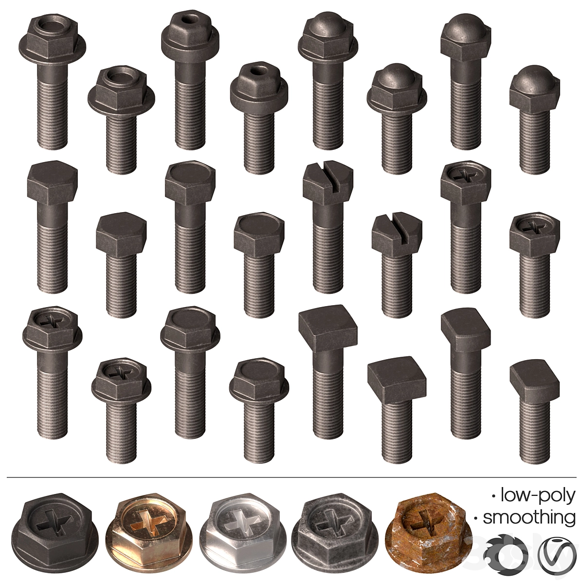 螺栓 – 套装4件3D模型预览图2 螺栓 – 套装4件3D模型预览图2